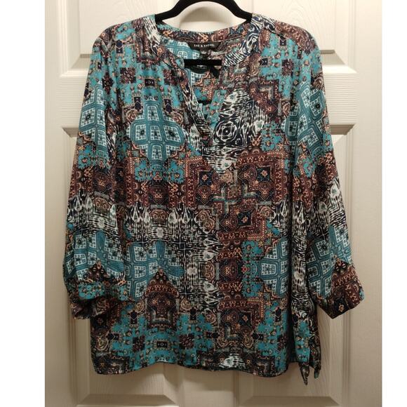 Zac & Rachel Size Large Geometric Patchwork Brown Blue Split Neck 3/4 Sleeve Top - Picture 1 of 7